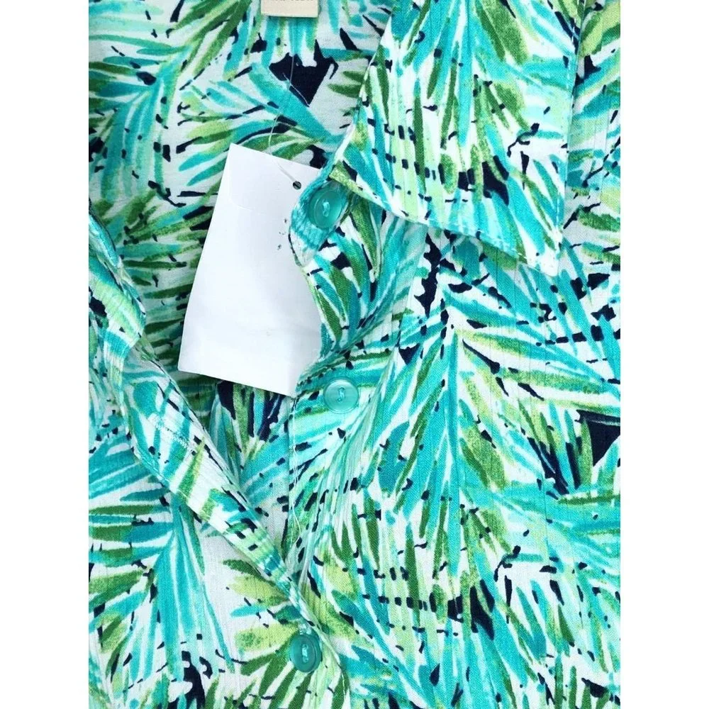 Appleseeds Petites PXL Floral Button Cuff Green Women Full Button Shirt - Picture 10 of 16